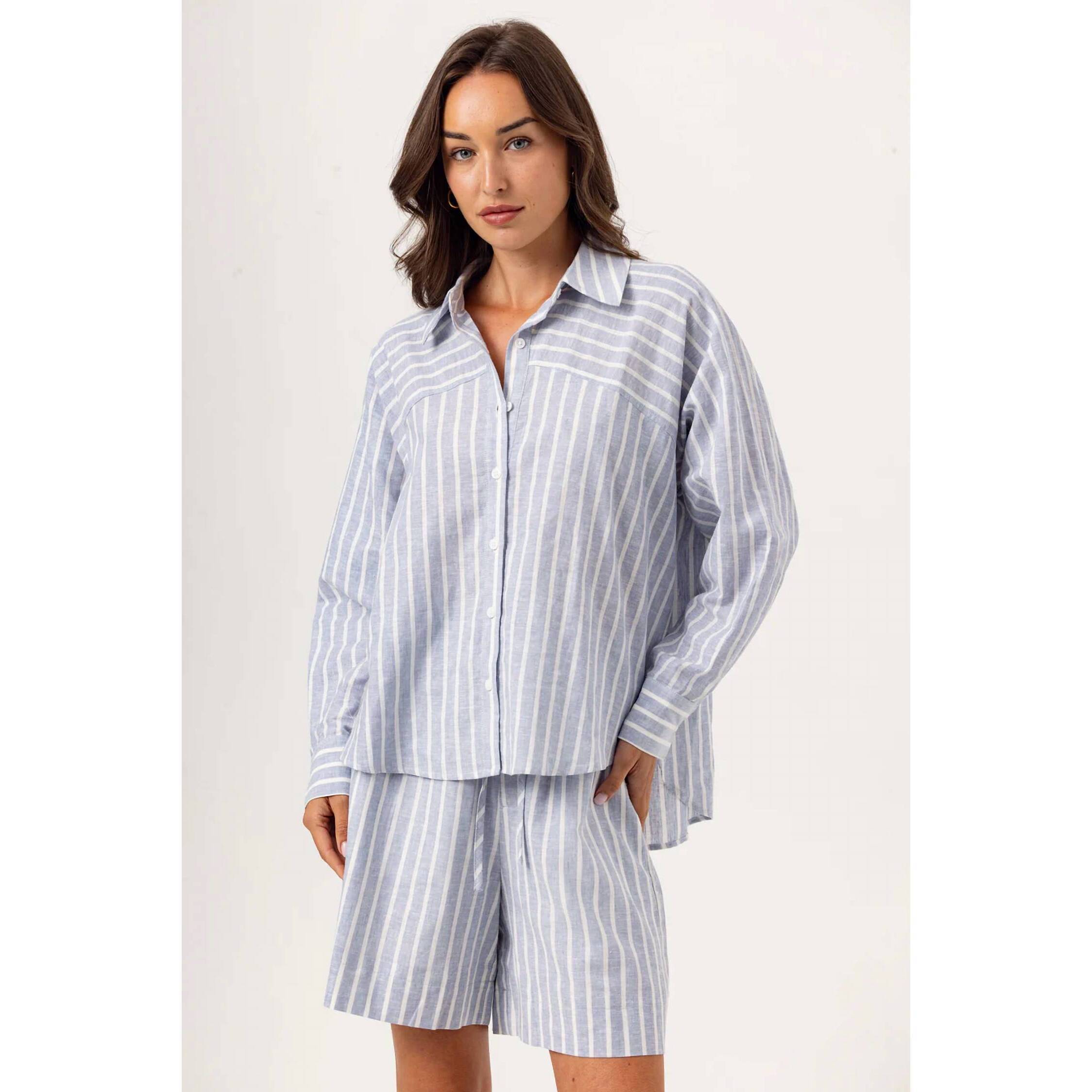 New Sundays Adora Shirt In Slate Linen Stripe